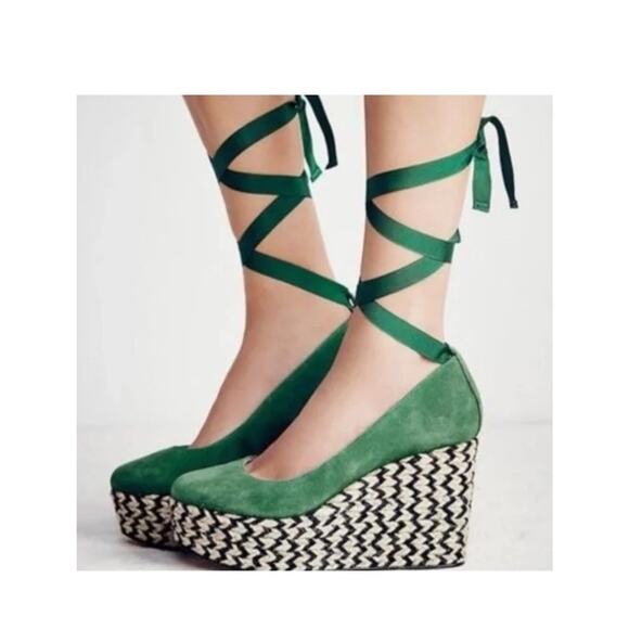FreePeople Charade Espadrilles Heels Wedges Green LaceUp Boho Chunky Hippie 6.5 - Picture 1 of 6